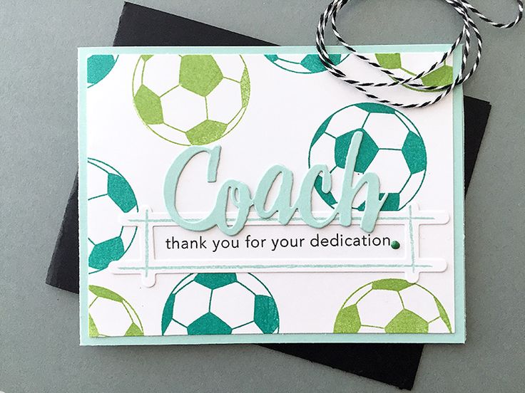 a card with soccer balls on it and the words coach written in cursive writing