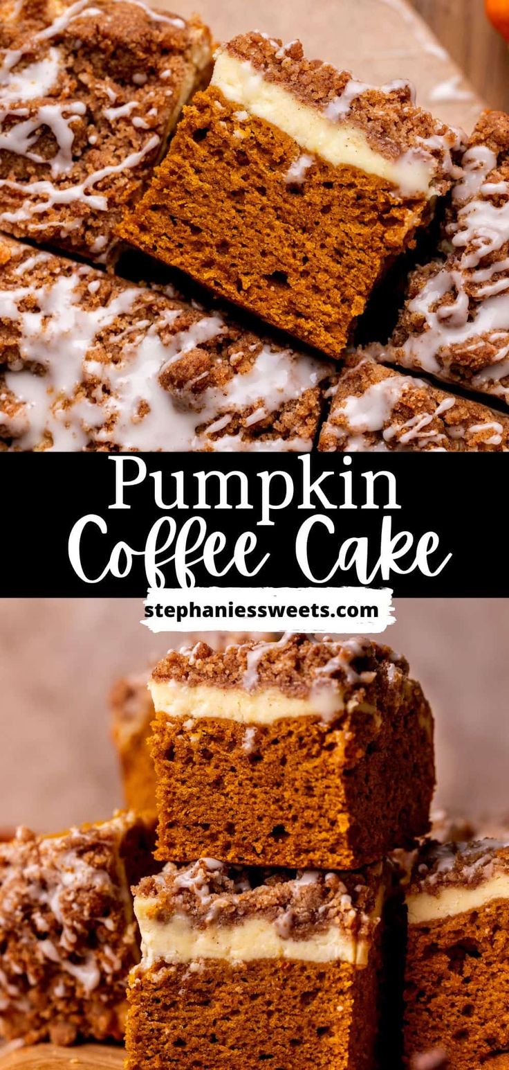 pumpkin coffee cake with white frosting on top and sliced into squares in the middle