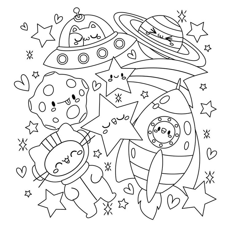 a coloring page with space animals and stars