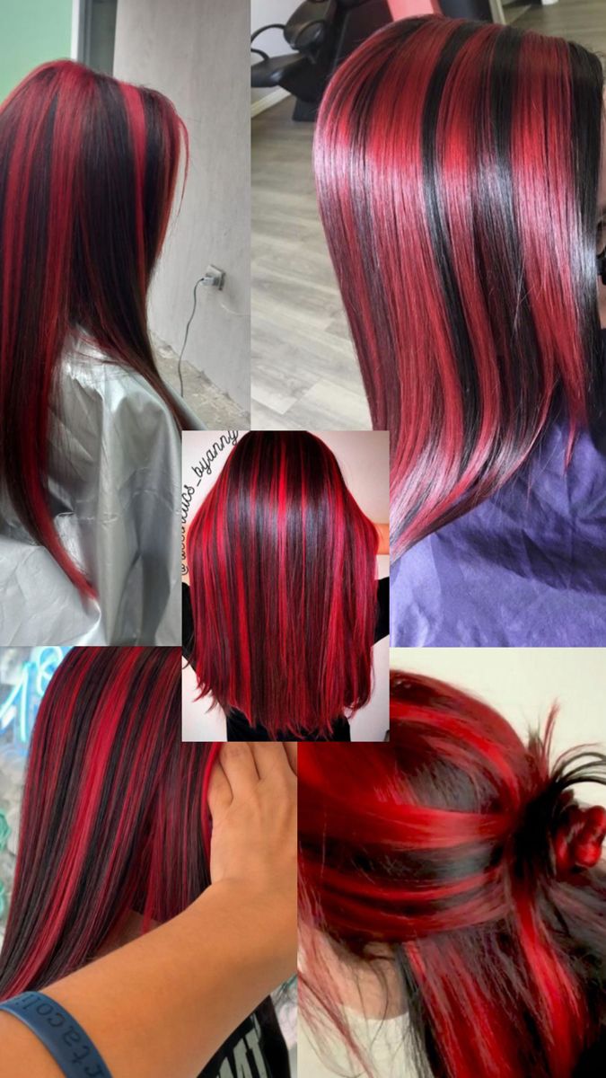 How To Do Chunky Highlights, Purple Skunk Hair, Red Skunk Hair, Halo Hair Color, Red Halo Hair, Brown Hair With Red Highlights, Red Hair Streaks, Red Wine Hair, Black And Red Hair