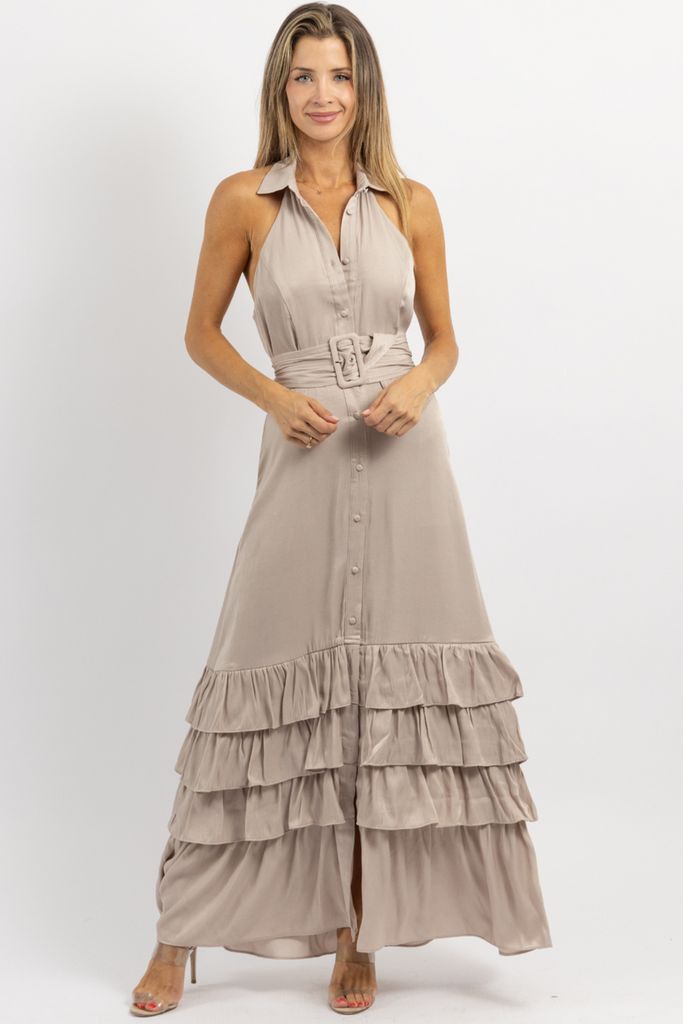 Spring Belted Floor-length Maxi Dress, Summer Maxi Dress With Belt, Chic Belted Floor-length Maxi Dress, Belted Maxi Dress For Spring, Sleeveless Beige Belted Midi Dress, Belted Maxi Dress For Date Night, Party Maxi Dress With Belt, Fitted Beige Belted Summer Dress, Fitted Belted Maxi Dress For Brunch