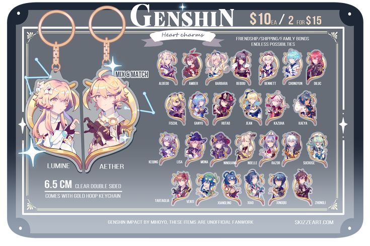 the keychain for genshin is shown with various characters and their name on it