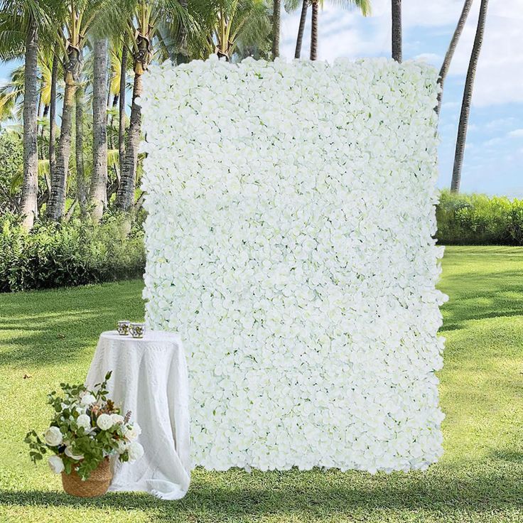 a white backdrop with flowers and a potted plant next to it on the grass