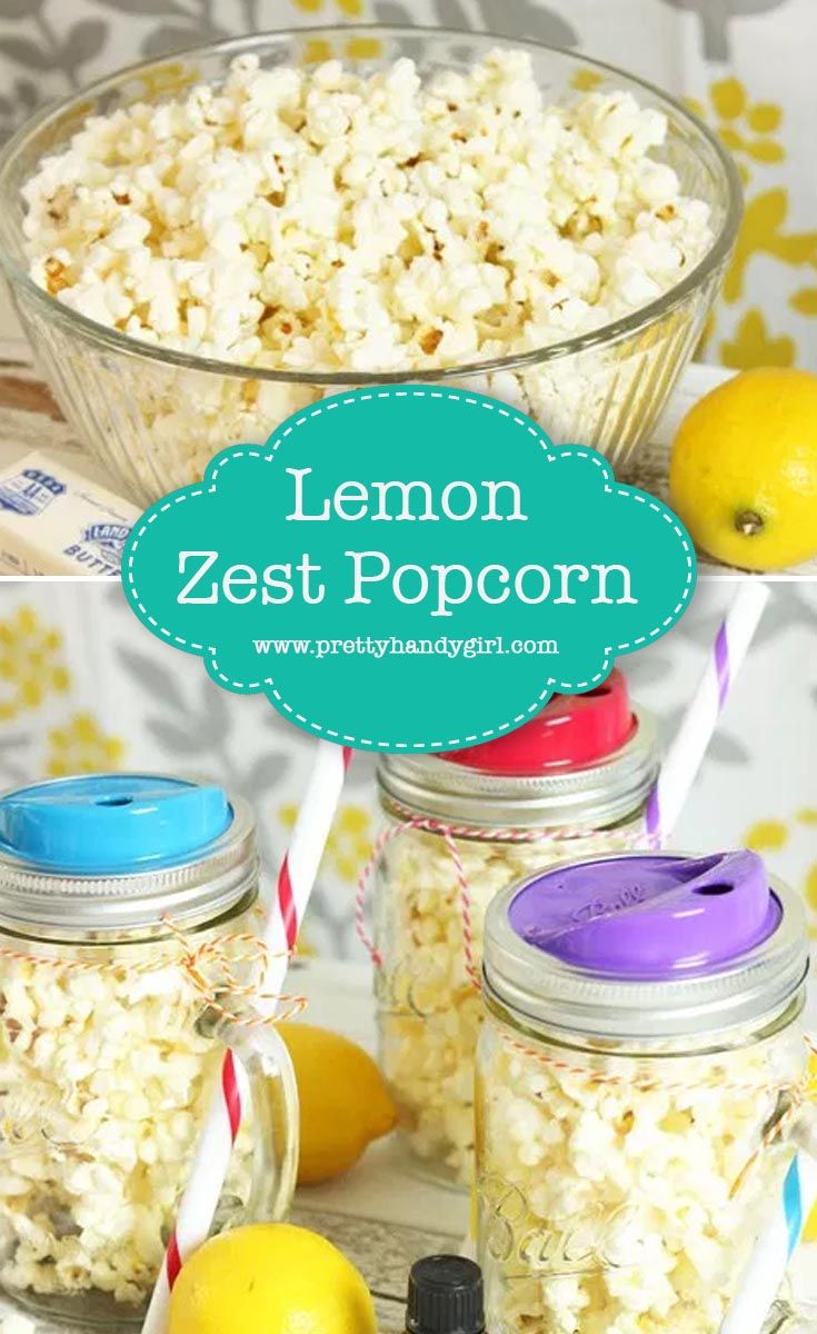 lemon zest popcorn in mason jars with strawberries and lemons