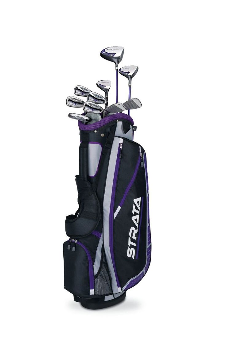 a golf bag with clubs and driver's club in the bottom corner on a white background