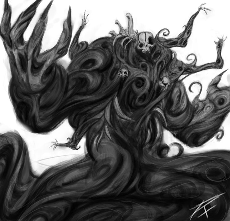 a black and white drawing of a demon