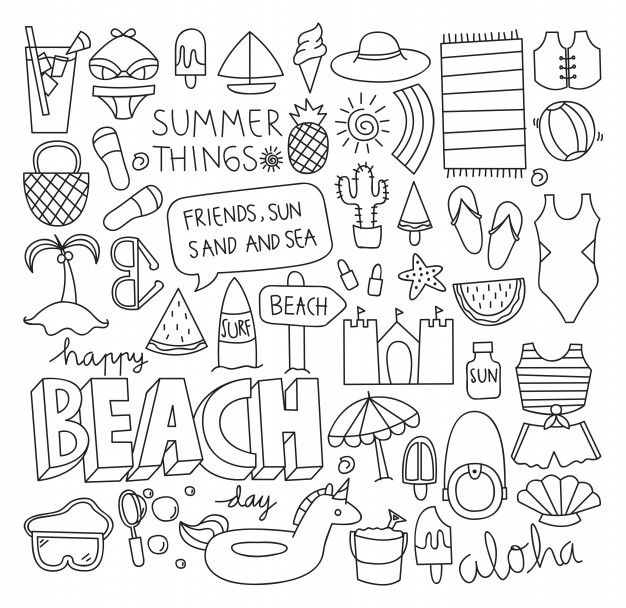 the word beach written in doodle style on a white background with black and white graphics