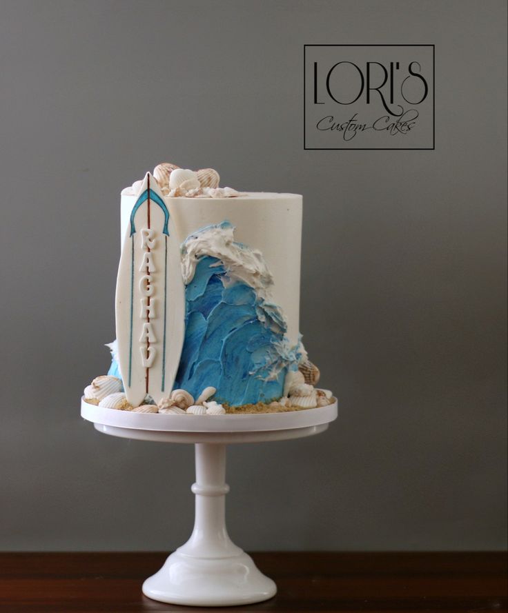 a white and blue cake sitting on top of a table