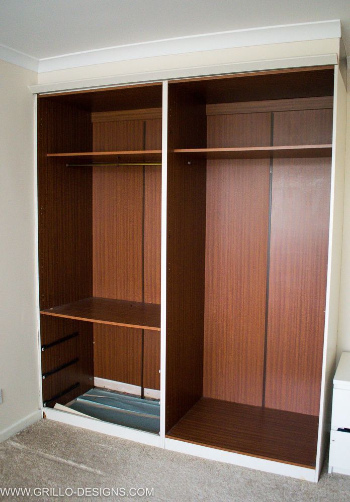 an empty closet with wooden shelves and white carpeted floor, before and after remodeling