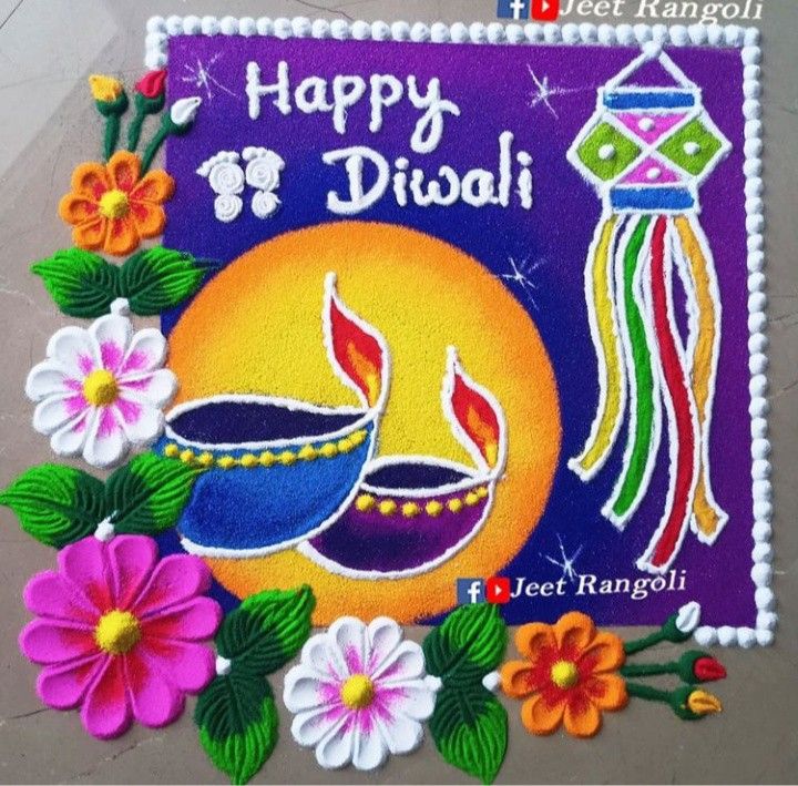 happy diwali greeting card with colorful flowers