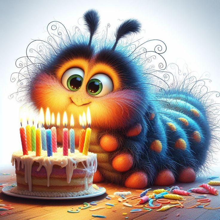 a very cute little bug with some candles in it's mouth by a birthday cake