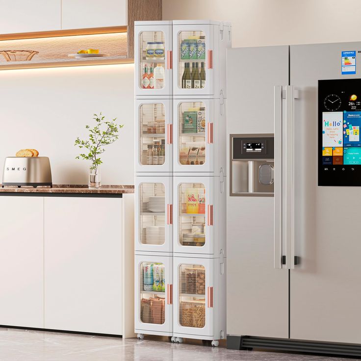 a refrigerator with many magnets on it in a kitchen next to a counter top