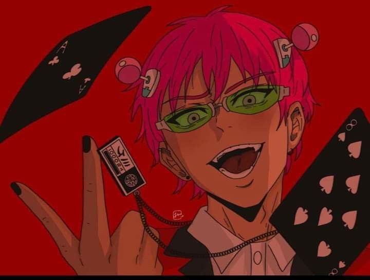 an anime character with pink hair and green glasses holding up a cell phone in front of her face