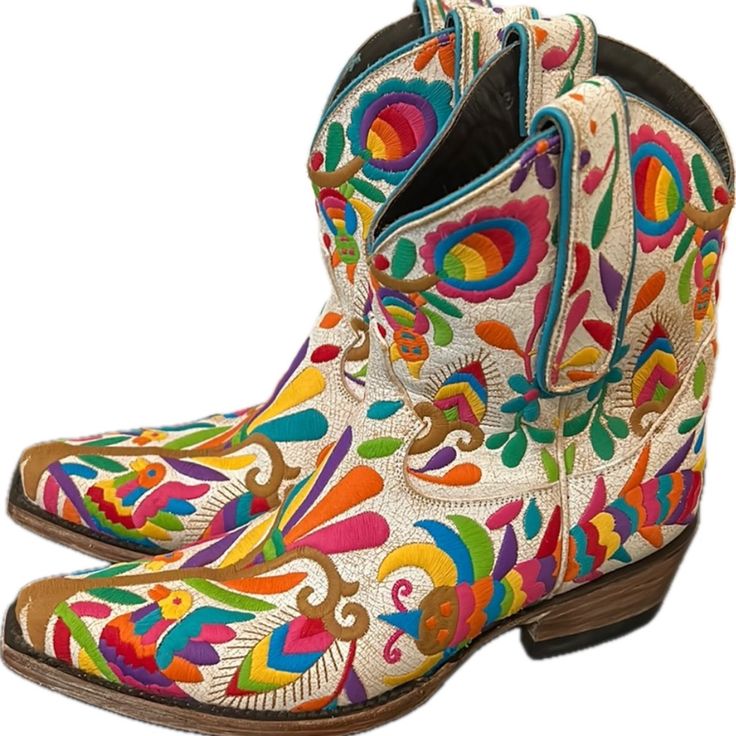 Allen’s Boots Authentic Texas Cowgirl Ankle Boots Size 6 Bought These In Texas But Changed Me Mind After I Bought Them But It Was Too Late To Return Them Multicolor Western Boots With Snip Toe, Western Multicolor Leather Boots, Multicolor Leather Western Boots, Multicolor Western Leather Boots, Multicolor Western Boots For Spring, Multicolor Leather Boots With Snip Toe, Cowgirl Closet, Texas Cowgirl, Painted Boots