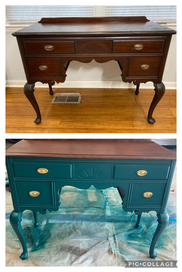 before and after photos of an old desk makeover with chalk paint in the color teal