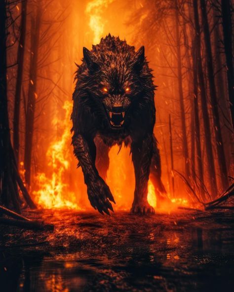 a wolf is running through the woods on fire