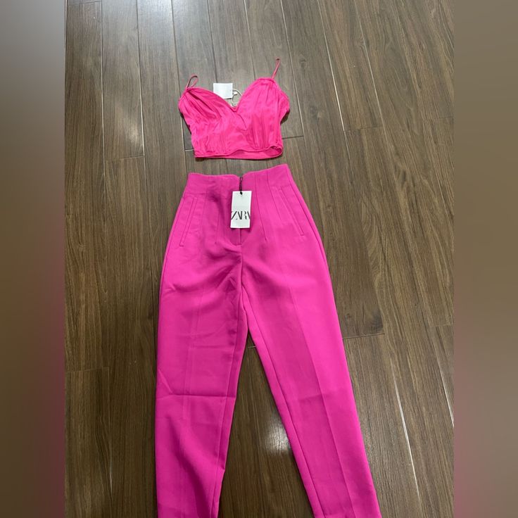 Zara New Pink Pants And Corset Chic Cropped Pants Two-piece Set, Chic Cropped Two-piece Pants Set, Chic Cropped Two-piece Set Pants, Chic Cropped Pants, Chic Spring Pantsuit, Two-piece Set, Chic Spring Pantsuit Two-piece Set, Chic Two-piece Set Bottoms For Workwear, Chic Spring Two-piece Pantsuit, Chic Two-piece Set With High-waisted Pants