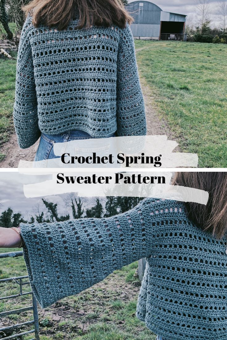 a woman wearing a blue crochet sweater with the words, crochet spring sweater