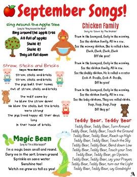 a poster with some words on it and pictures in the bottom right corner, including an image of children's songs