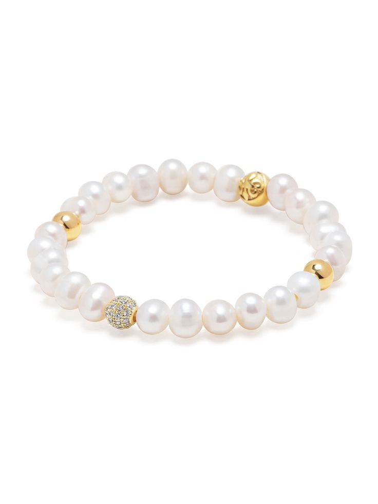 Cultured 6mm White Pearl, Clear CZ Diamond, and Hollow Gold Beads We use cultured pearls from oysters and freshwater mussels that we select by hand for all our jewelry Logo Ball in Stainless Steel with Gold Plating 7mm Nialaya Logo Bead in Stainless Steel with Gold Plating Product Code: WCHCO_146 This bracelet is strung on an elastic strand that easily slips on your wrist. The elastic strand is stretchy and will stretch like a rubber band when slipped on and off. Our durable elastic cord is cove Elegant Pearl Bracelet With Polished Beads, Elegant Polished Pearl Bracelet, Rondelle Pearl Bracelet As Gift, Rondelle Pearl Bracelet Gift, Pearl White Beaded Bracelets With Pearl Chain For Anniversary, Beaded Pearl Bracelet For Anniversary, Pearl Jewelry With Oyster Bracelet And Round Beads, Beaded Pearl White Round Bracelet, Pearl Oyster Bracelet With Round Beads