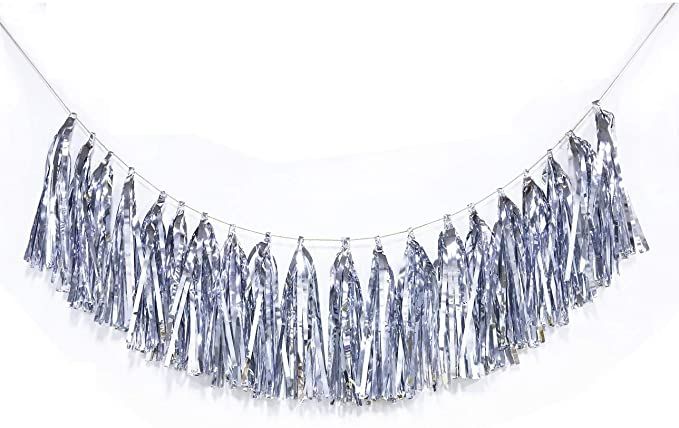 a silver necklace with fringes hanging from it