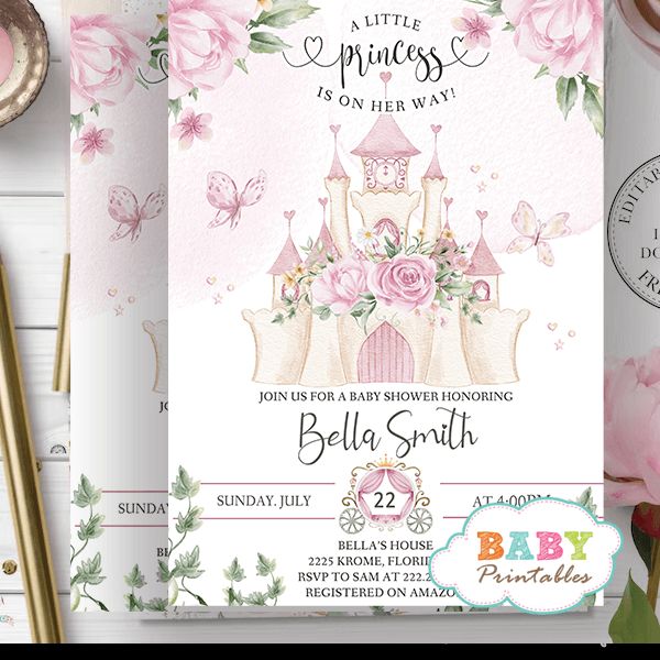 a pink princess baby shower is on her way with flowers and butterflies in the background