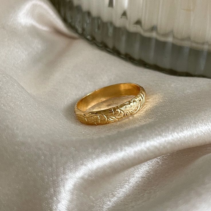 14k gold filled - handcrafted - waterproof - tarnish proof - hypoallergenic. Beautiful floral patterned ring perfect for everyday wear. Made of 14k gold filled metal. Very sturdy and thick material. Carved Gold Ring, 14k Stamped Round Band Engraved Ring For Marriage, Stamped 14k Round Band Engraved Ring For Marriage, 14k Stamped Engraved Ring For Marriage, Heirloom Thick Band Ring For Anniversary, Heirloom Anniversary Ring With Thick Band, Heirloom Engraved Ring Stamped 14k For Marriage, Heirloom Thick Band Anniversary Ring, Classic 14k Stamped Rings For Marriage