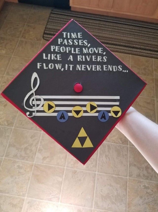 a graduation cap with musical notes on it and the words time passes, people move, like a rivers flow, it never ends