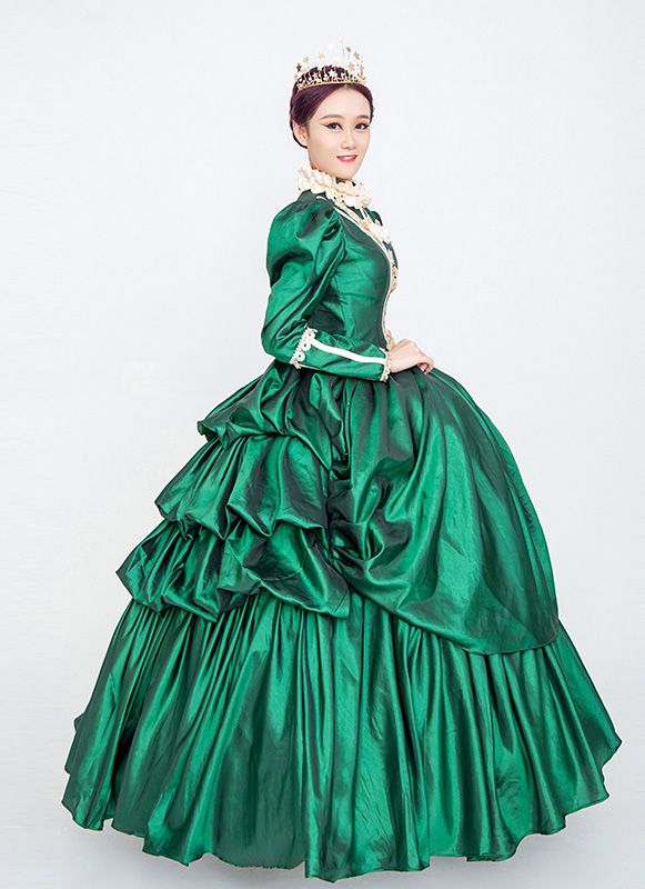 Green Rococo Baroque Marie Antoinette Dress 18th Century Renaissance Period Dress     Condition: Brand New   Color:  As Picture   Material: Satins And Lace   Silhouette: Ball Gown   Sleeve Length: Full Sleeve   Dresses Length:Floor-Length   Neckline: O-Neck   Decoration: Ruffle   Style: Vintage     Includes: Dress + Hat Vintage Baroque Dress For Costume Party, Rococo Style Ball Gown With Ruffles, Rococo Long Sleeve Costume Dress, Rococo Ball Gown With Ruffles, Rococo Style Long Sleeve Costume Dress, Vintage Baroque Style Dress For Fancy Dress, Rococo Style Ball Gown For Theater, Rococo Ball Gown For Theater, Elegant Ball Gown For Theater