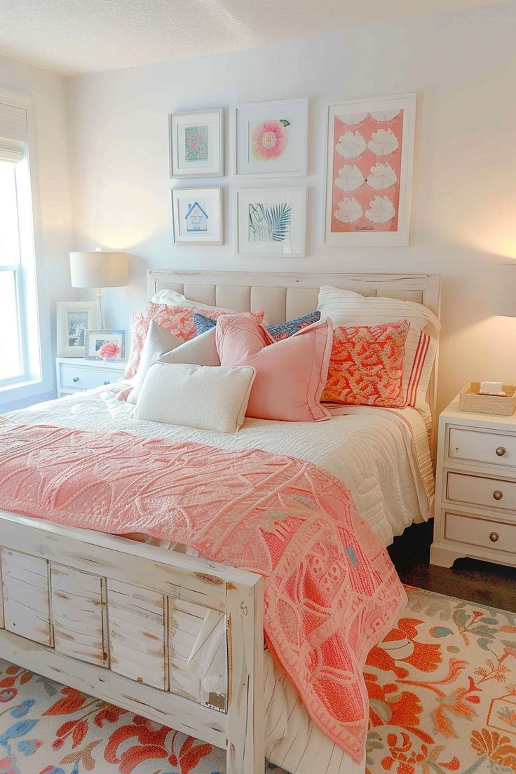 a white bed topped with pink and orange pillows next to a window covered in pictures