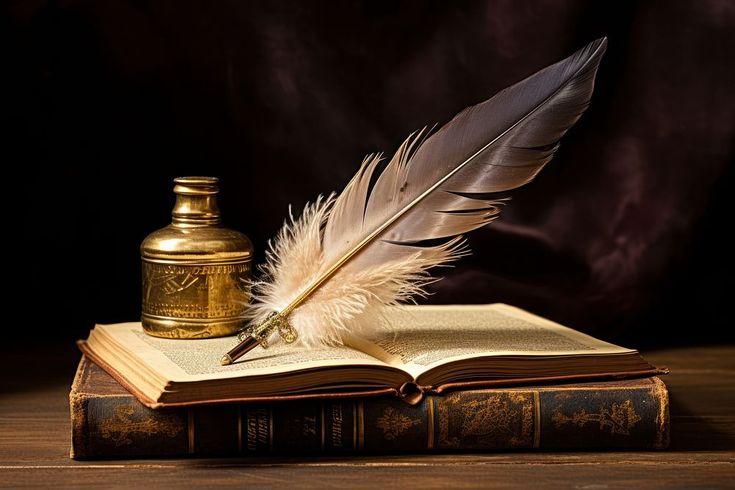 an open book with a feather quill on top of it next to a pen