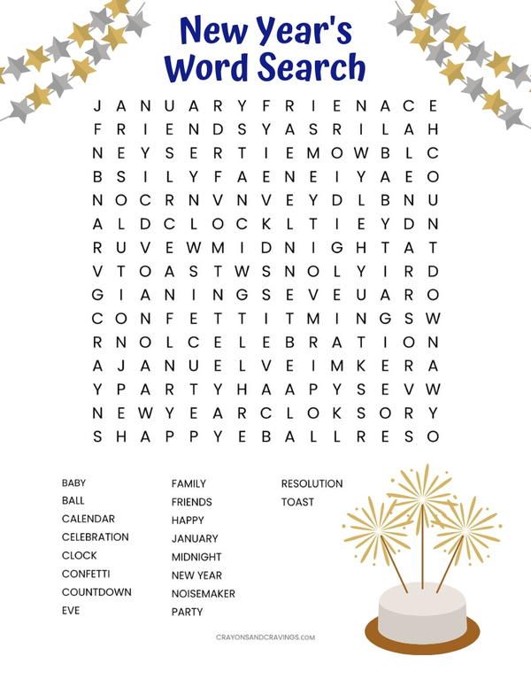 the new year's word search is shown in this printable activity sheet for kids