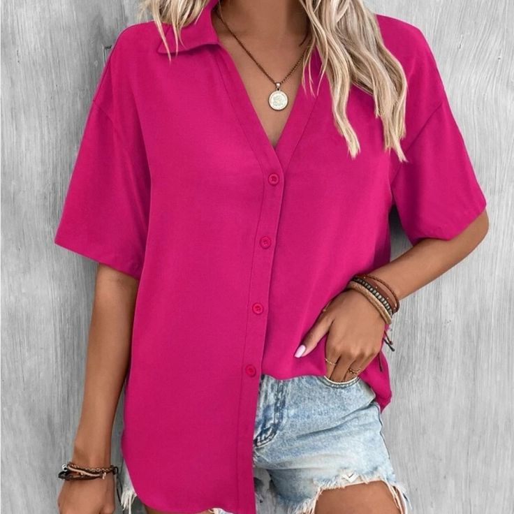 New Pink Button Down Short Sleeve Top Armpit To Armpit 20.8 M,6 Length 27.2” Armpit To Armpit 21.6 L,8, 10 Length 27.6” 100% Polyester Keywords: Vacation Spring Summer Spring Fall Luxury Ladies Woman’s Wear Winter All Season Shirts & Blouses Jersey Tops Party Day Going Out Shirts White Accessories Dress Style Cocktail Sleeves Cardigan Pair With Sweater Preppy Sexy Hot Boho Trendy Vogue Posh Sassy Girly Date Night Elegant Dressy Fashionable Chic Tomboy Simple Bold Fun Classy Office Classy Wedding Summer Closet, Plain Blouse, Simple Blouse, Plain Shirt, Closet Ideas, Loose Shirts, Loose Blouse, Loose Tops, Collar Blouse