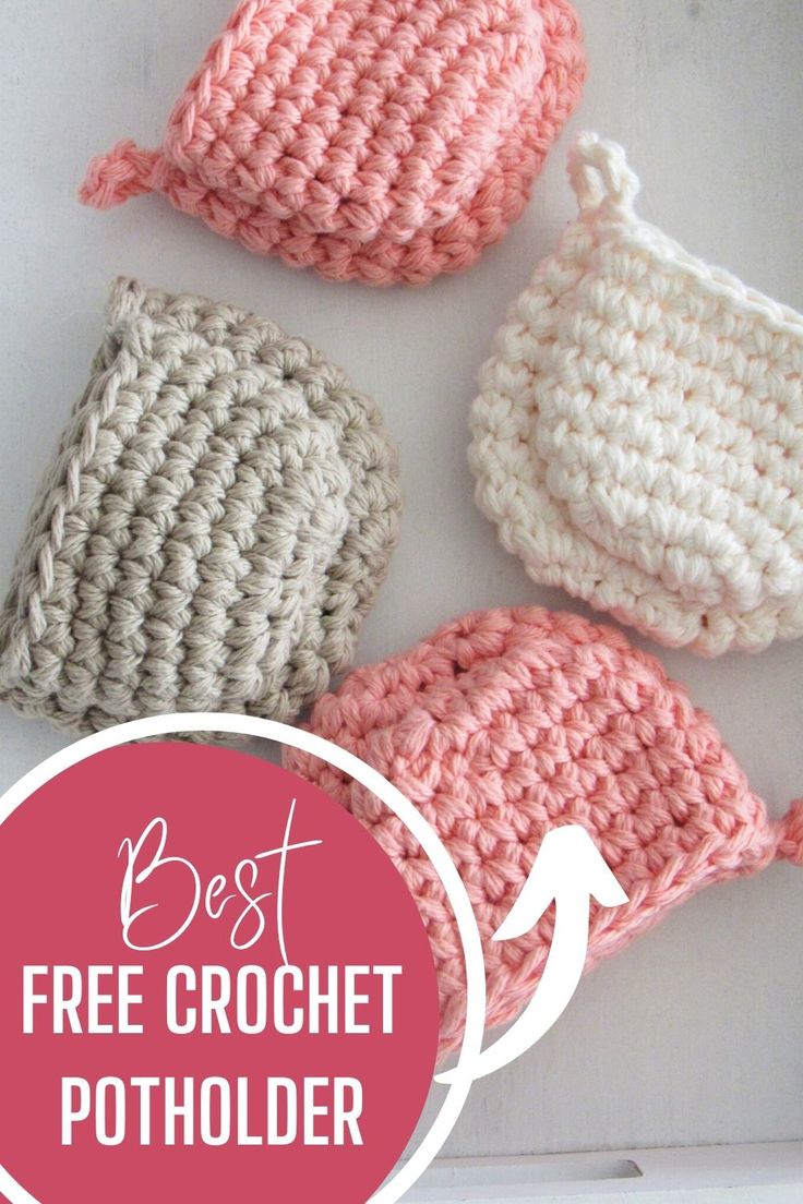 three crocheted hats with the text best free crochet potholder