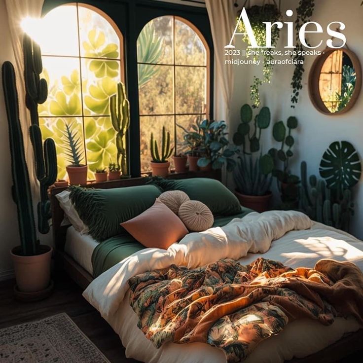 an image of a bedroom setting with plants on the window sill