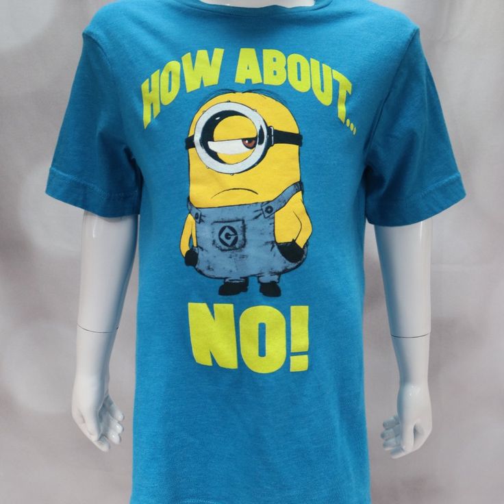 Nwot Boys Minions How About No Tee Size Small (8) In Blue. Make A Statement With This Minions Themed Graphic Tee Featuring Everyone Favorite Minion, Stuart! Features Officially Licensed Product Crew Neck Short Sleeves Minions Graphic On Front 60% Cotton, 40% Polyester Machine Washable Mannequin Measurements Chest: 23" Waist: 19.75" Hip: 25" Funny Blue Crew Neck Shirt, Funny Blue Crew Neck Top, Funny Crew Neck Blue Shirt, Funny Blue T-shirt With Cartoon Print, Funny Yellow Cotton Tops, Funny Blue Cotton Shirt, Funny Blue T-shirt With Character Print, Funny Blue Short Sleeve Top, Blue School Tops With Character Print