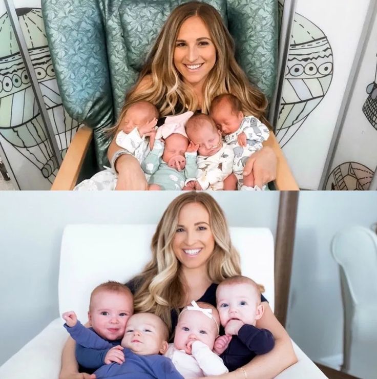 a woman sitting in a chair holding two babys and smiling at the camera while another photo is being taken