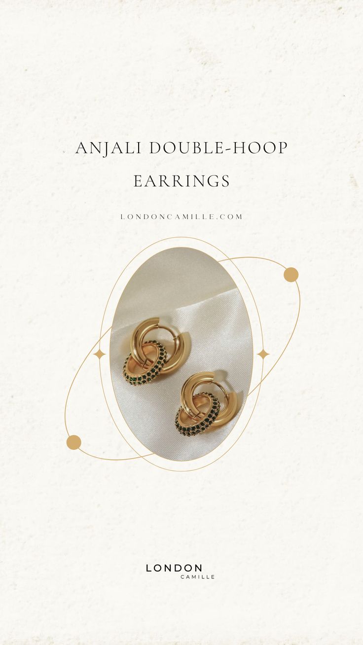 an image of two gold rings on top of a white sheet with the words, anali double - hoop earings