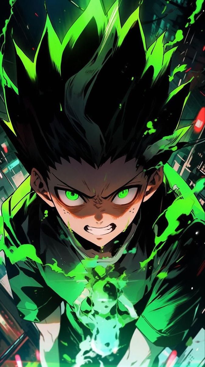 an anime character with green eyes and black hair, in front of a dark background