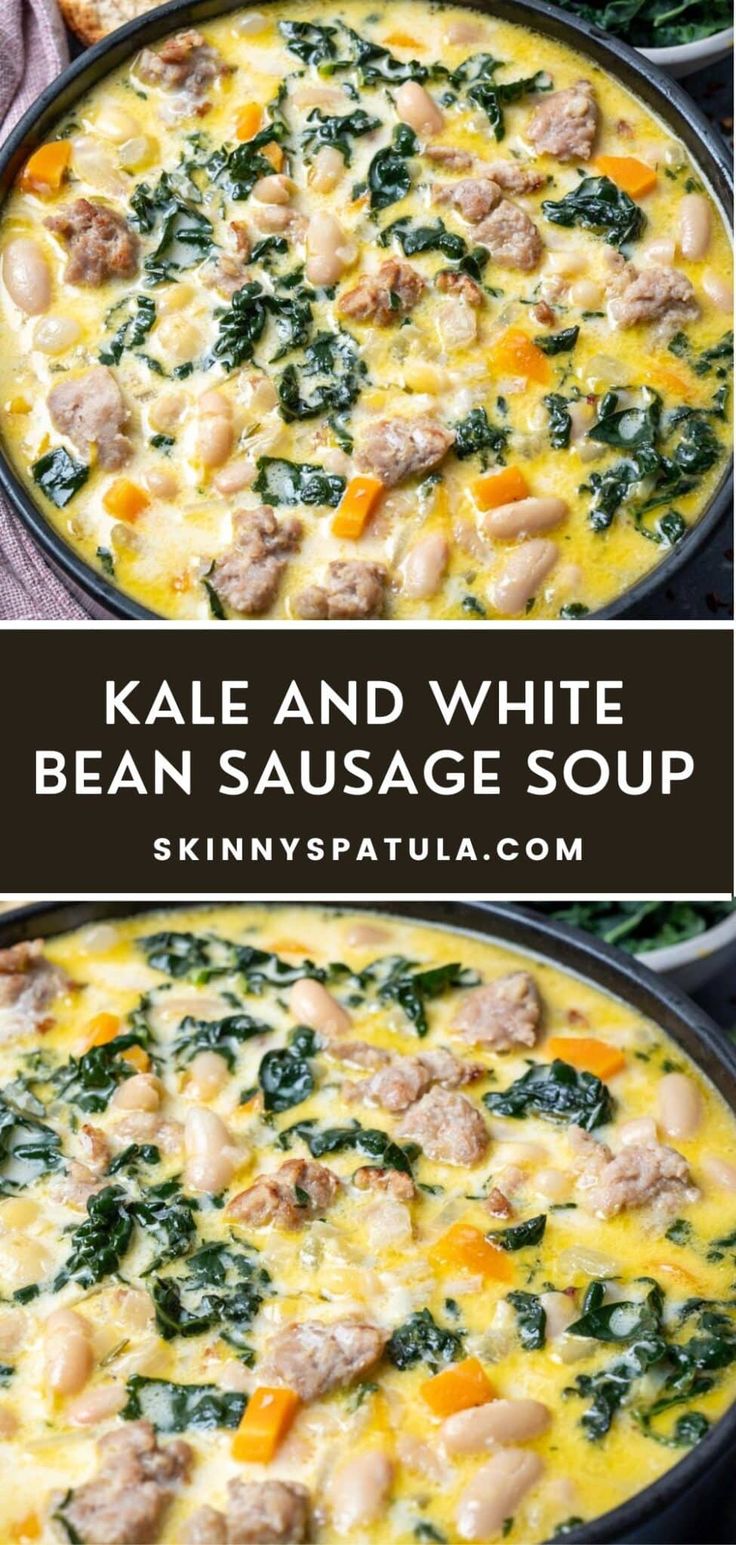 kale and white bean sausage soup in a skillet with spinach on the side