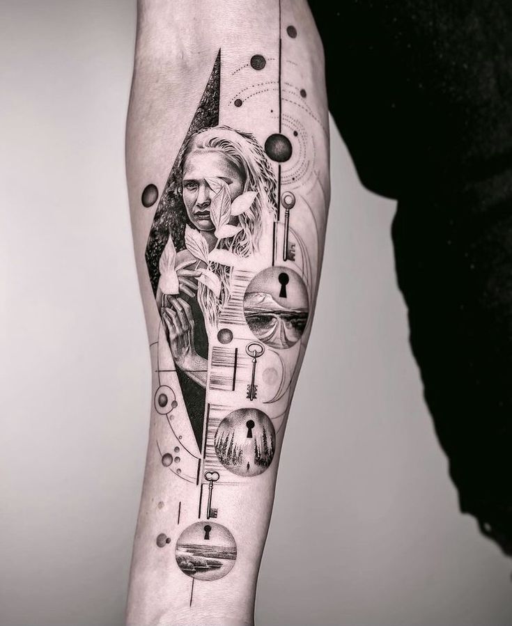 a man's arm with an image of the wizard and his spaceships on it