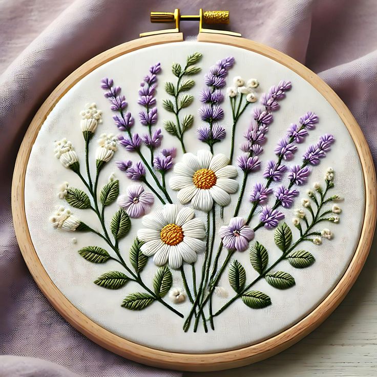 an embroidery project with flowers and leaves on the hoop hanging from a purple satin fabric