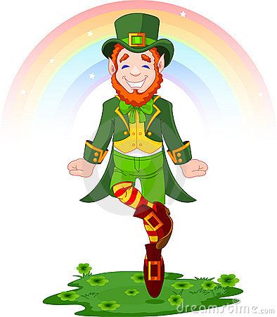 a cartoon lepreite with two green sticks in his hand and a rainbow behind him