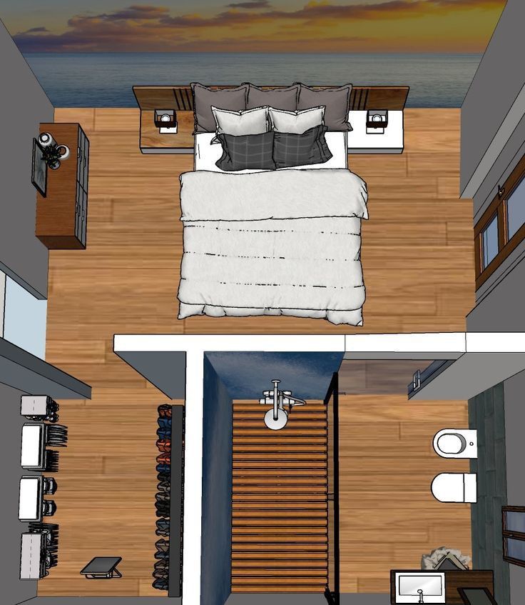 an aerial view of a bedroom and living room