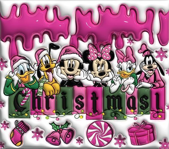 a group of cartoon characters standing next to each other in front of a christmas sign