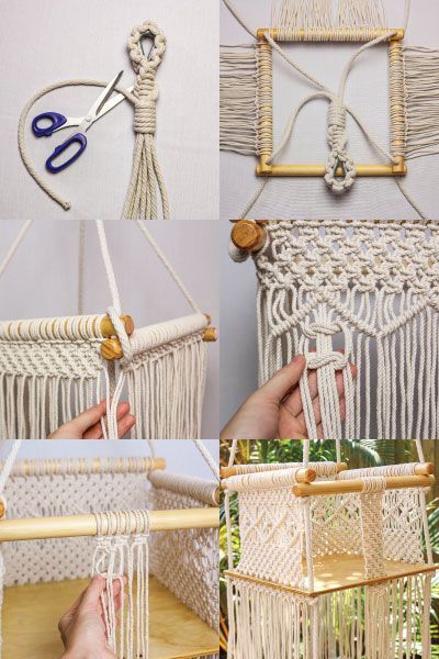 two pictures showing how to make a macrame wall hanging