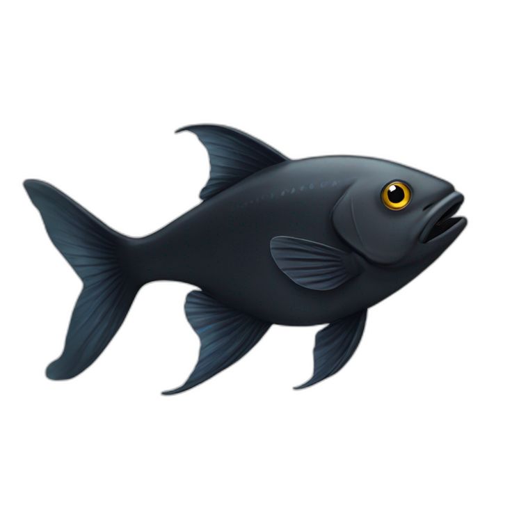 a black fish with yellow eyes on it's face