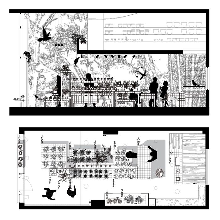 two black and white drawings of people in an open air kitchen, dining area and living room