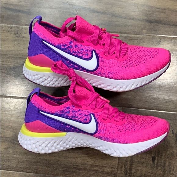 Brand New In A Box-No Lid Authentic Women’s Nike W Epic React Flyknit 2 Nike Women's Epic React Flyknit 2 Running Shoes - Purple/Yellow/White Cheer Shoes, Nike Air Max 2090, Nike High Tops, Womens Basketball Shoes, Nike Waffle, White Running Shoes, Pink Running Shoes, Closet Goals, Nike Flex