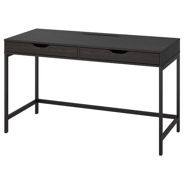 a black desk with two drawers on top and one drawer at the bottom, against a white background